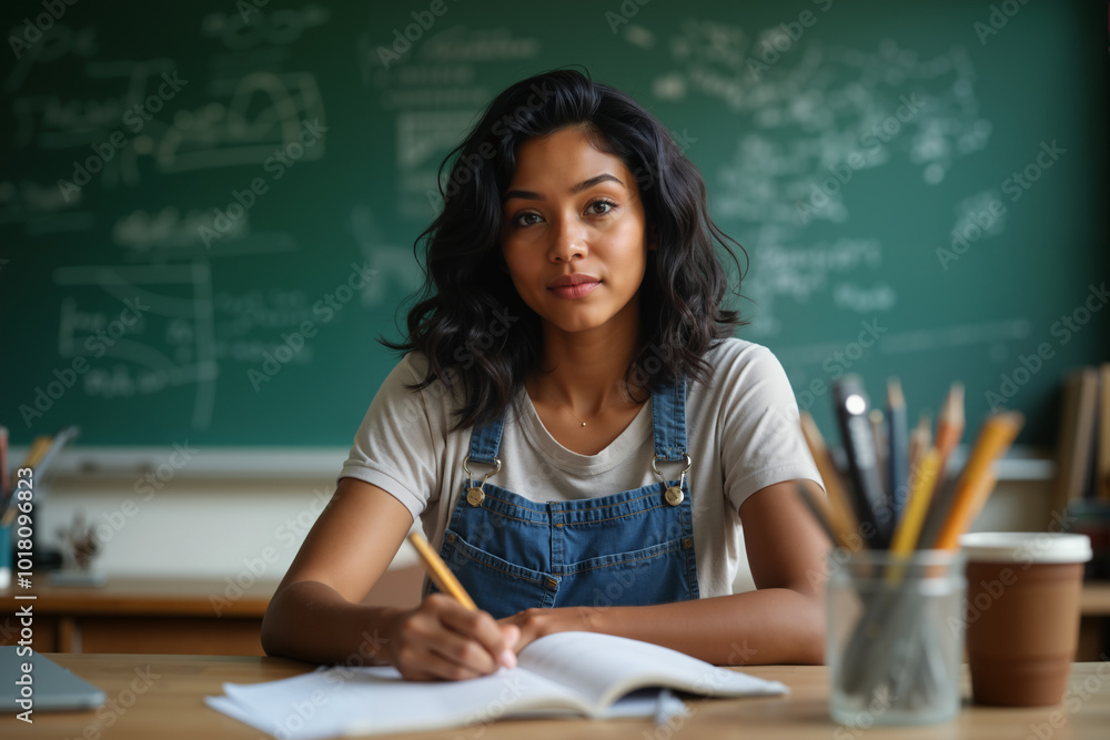 Young woman, possibly a student or teacher, is seated at a desk with writing materials and a chalkboard behind her, suggesting she might be engaged in educational work.