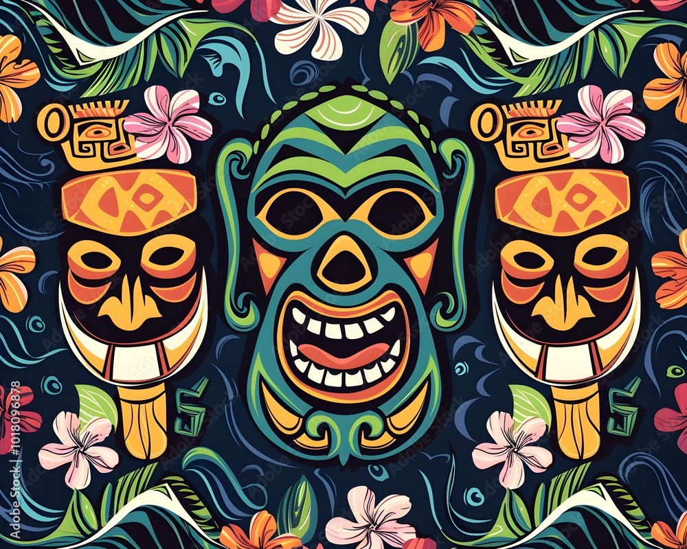 Vibrant Tribal Tiki Pattern with Tropical Flowers and Ocean Waves Vibrant Tribal Tiki Pattern with Tropical Flowers and Ocean Waves
