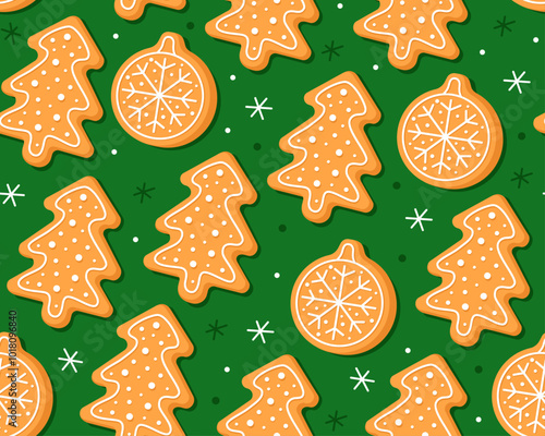 Seamless pattern. Christmas gingerbread cookies in shape of christmas tree and balls. Green background. Christmas cookies with sugar glazed. New year pattern for wrapping paper, fabric, card.