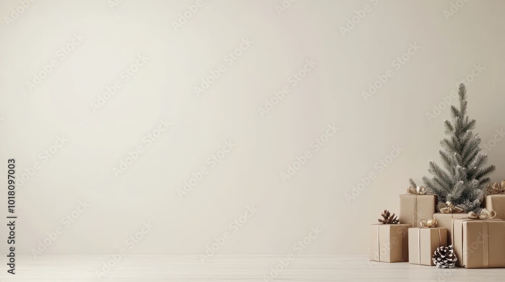 Christmas composition with craft paper wrapped gifts, pine branches, and festive decorations on a white textured background. Flat lay with copy space for design and print. Christmas composition with craft paper wrapped gifts, pine branches, and festive decorations on a white textured background. Flat lay with copy space for design and print.