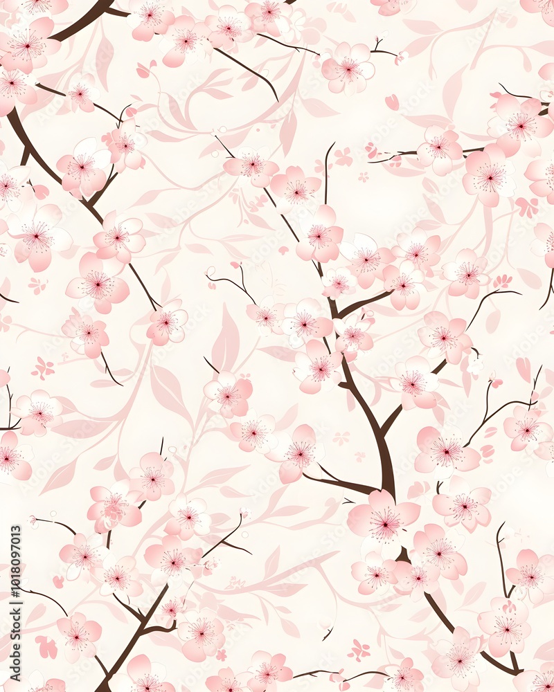 Fototapeta premium Delicate Cherry Blossom Pattern with Soft Pink Flowers and Swirling Branches