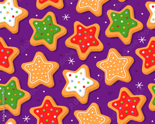 Seamless pattern with Christmas gingerbread cookies in shape of stars, purple background. Homemade Christmas cookies with sugar glazed. Pattern for New Year's wrapping paper, cards, decor, fabric.
