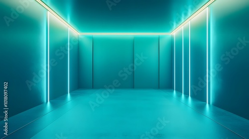  Blue-green gradient studio room, abstract background pattern, walls and floor reflect neon lights, dark tones and feel speed of digital technology connected blue-green background. Future technology.