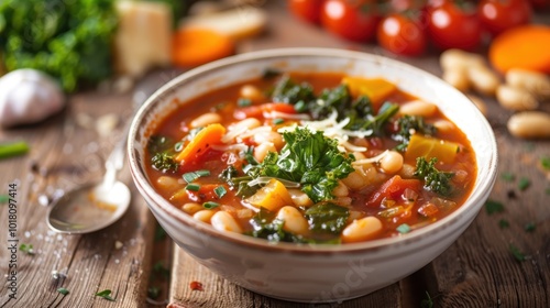 Hearty Vegetable Minestrone Soup with Pasta and Beans. Kale Minestrone