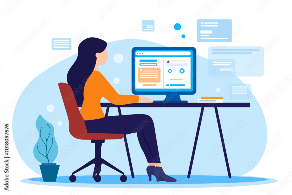 Woman sits at a desk looking at different websites working from home, vector illustration Woman sits at a desk looking at different websites working from home, vector illustration
