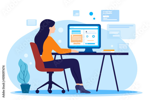 Woman sits at a desk looking at different websites working from home, vector illustration
