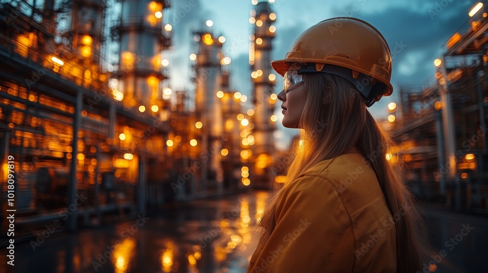 Industrial Worker in Silhouette Against Factory Background Industrial Worker in Silhouette Against Factory Background