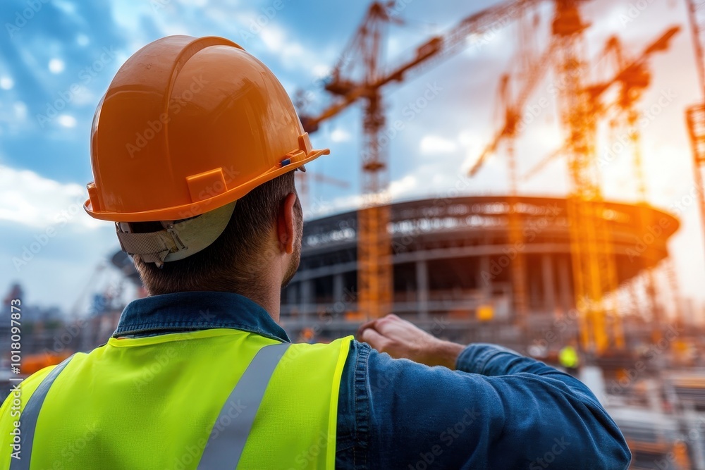 A construction manager in a neon vest and helmet oversees a bustling construction site filled with cranes, embodying leadership, planning, and industrial progress. A construction manager in a neon vest and helmet oversees a bustling construction site filled with cranes, embodying leadership, planning, and industrial progress.
