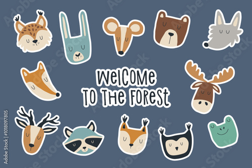 Forest animals a set of colorful stickers. Illustrations of animal heads including deer, hare, bear, wolf and squirrels. Funny children's sticker pack.