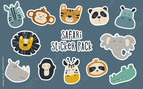 Funny animals safari sticker pack. Colorful illustrations of animals including lion, zebra, elephant, rhino and crocodile.
