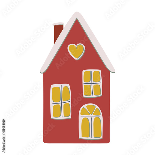 Winter decorative house. Christmas bauble in house shape. Hand drawn naive art Scandinavian cottage. Vintage style flat design vector illustration.

