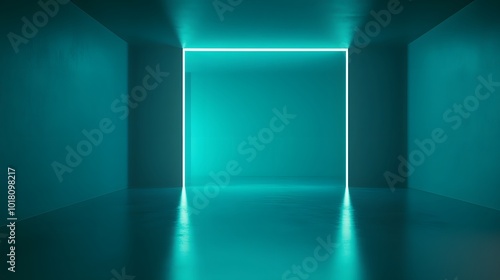  Blue-green gradient studio room, abstract background pattern, walls and floor reflect neon lights, dark tones and feel speed of digital technology connected blue-green background. Future technology.