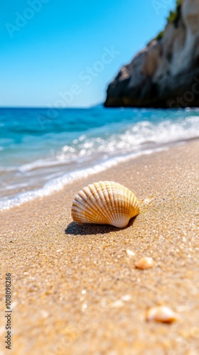 a shell on the sand on the shore of a stunningly beautiful sea