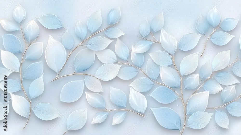 A painting of blue leaves on a light blue background with a light blue sky in the background A painting of blue leaves on a light blue background with a light blue sky in the background
