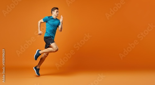 Athletic man running in studio with orange background