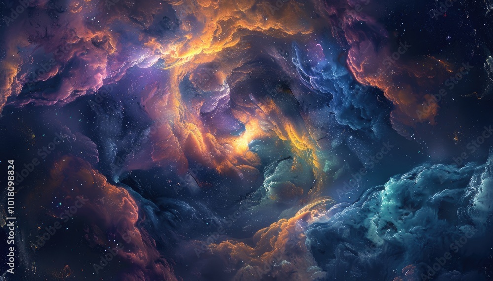 A swirling cosmic nebula with vibrant colors and twinkling stars. A swirling cosmic nebula with vibrant colors and twinkling stars.
