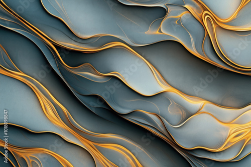 Abstract image featuring flowing, wavy lines in shades of blue and gold, creating a fluid and dynamic pattern with a textured appearance.