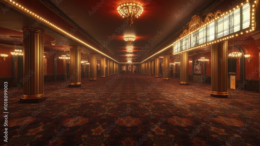 A grand 1980s theater lobby featuring luxurious carpets A grand 1980s theater lobby featuring luxurious carpets