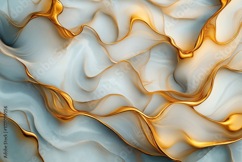 Abstract image featuring flowing, wavy lines in shades of gold and light blue. The design creates a sense of movement and fluidity, with intricate textures and smooth gradients.