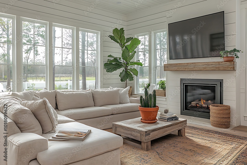 Fototapeta premium Cozy living room with modern decor and natural light.