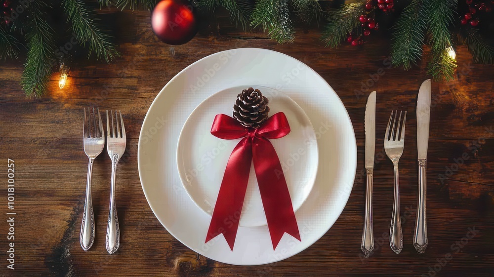 Christmas table setting with empty plate, cutlery,napkin and glass in holiday dinner,Happy New Year,gifts,mistletoe decorations on table,Xmas festive dinner,Simple living,copy space. Christmas table setting with empty plate, cutlery,napkin and glass in holiday dinner,Happy New Year,gifts,mistletoe decorations on table,Xmas festive dinner,Simple living,copy space.