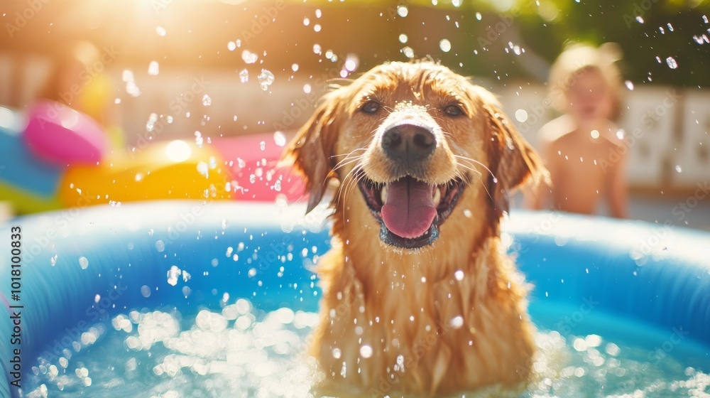 Happy Golden Retriever Playing in a Pool, Enjoying the Sunshine and Splashing Water on a Summer Day Happy Golden Retriever Playing in a Pool, Enjoying the Sunshine and Splashing Water on a Summer Day