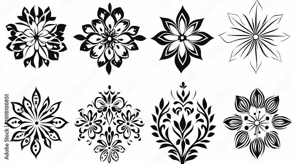 A collection of decorative black and white floral designs. A collection of decorative black and white floral designs.