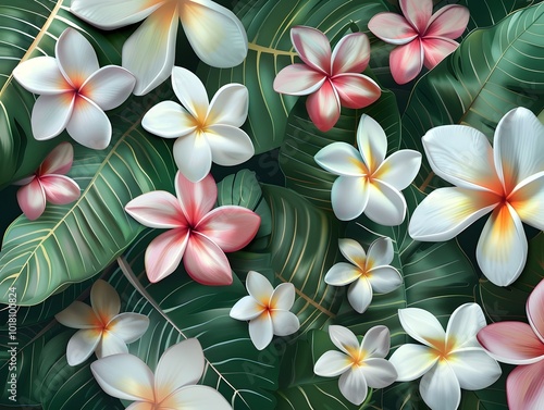 Vibrant Tropical Frangipani Flower Pattern with Lush Green Foliage