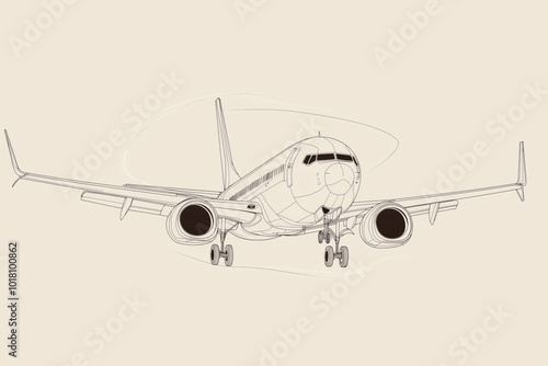 Line drawing of a commercial airplane viewed from the front, showing detailed features like engines, landing gear, wings, and cockpit on a plain background. photo