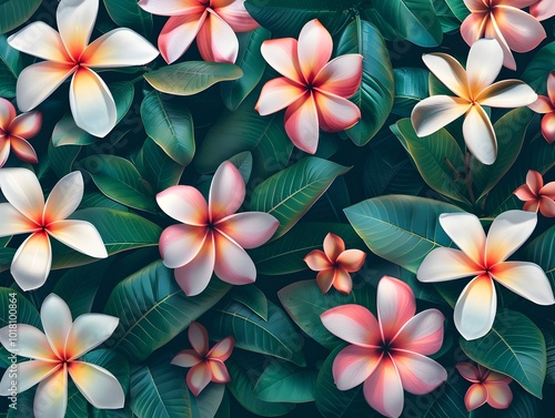 Soft and Lush Tropical Frangipani Flower Pattern with Vibrant Pink and White Petals