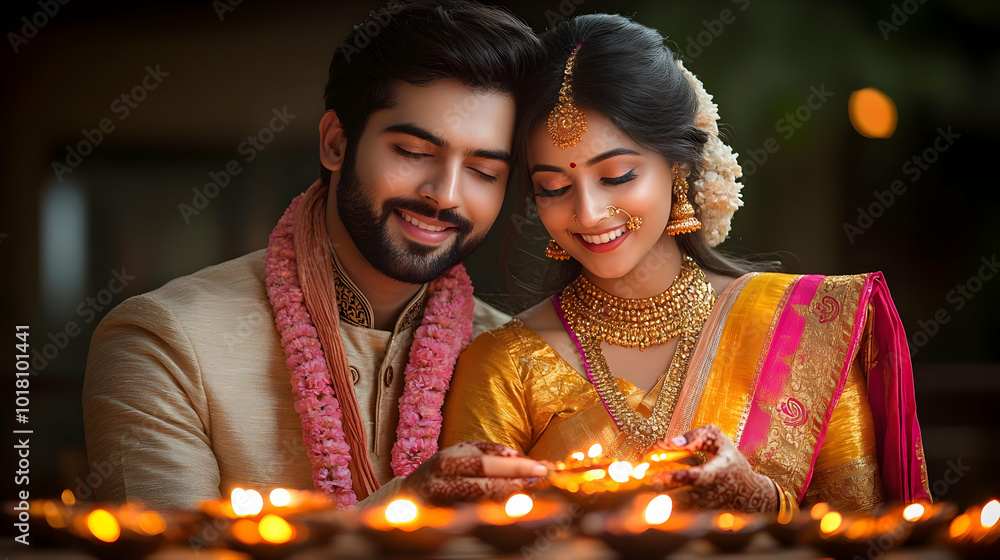 A couple celebrating a festival with traditional attire and candles. A couple celebrating a festival with traditional attire and candles.
