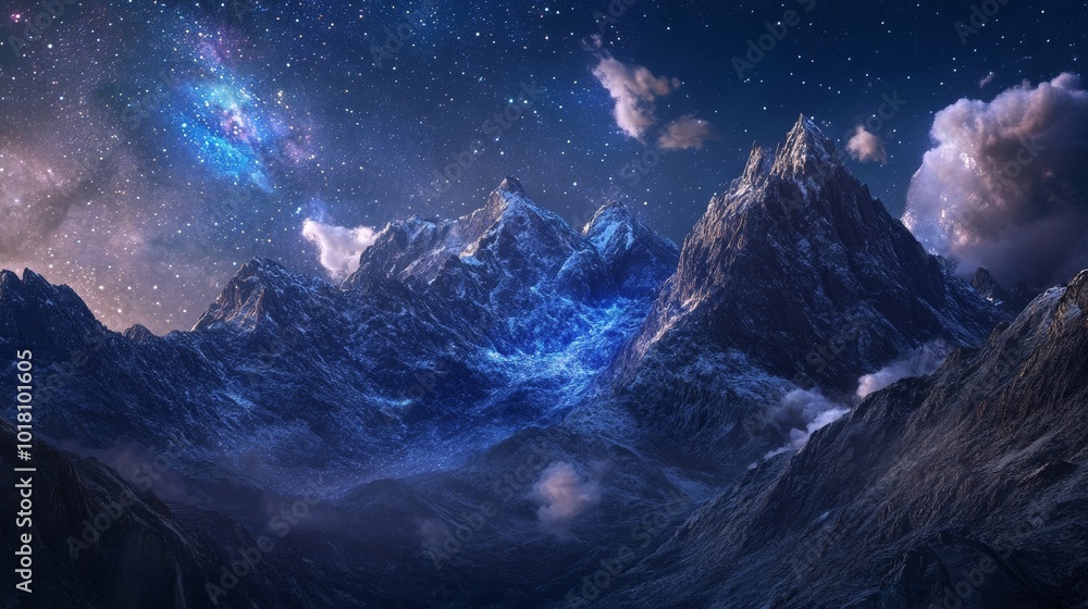 Stunning Night in the Mountains: Celestial View with Glowing Peaks and Starry Sky Stunning Night in the Mountains: Celestial View with Glowing Peaks and Starry Sky