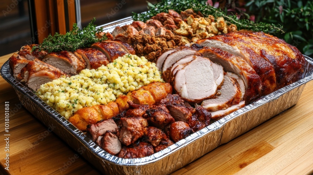 Festive Dinner Spread with Roasted Meats and Holiday Sides Festive Dinner Spread with Roasted Meats and Holiday Sides