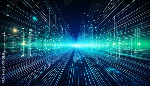 Abstract background in neon blue and green representing digital flow of data and information networks