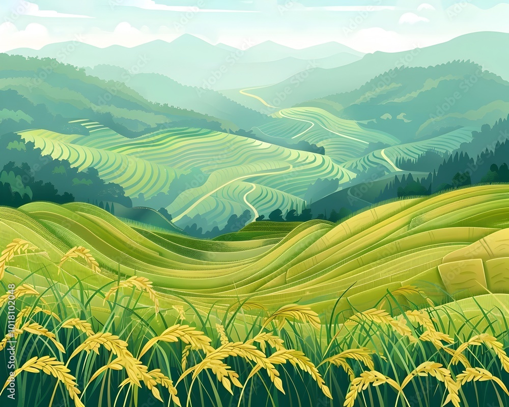 Φωτογραφία Lush Green Terraced Rice Fields in Idyllic Asian Landscape with Golden Swaying S