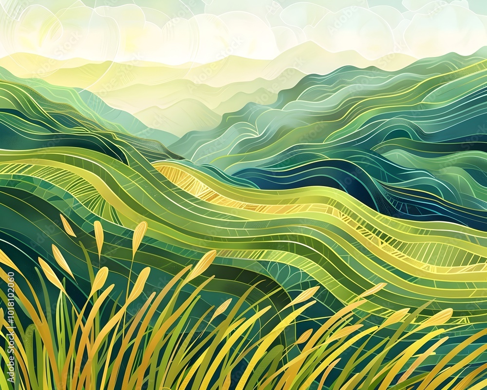 Φωτογραφία Lush Green Rice Terraces with Golden Stalks Swaying in Scenic Mountain Landscape