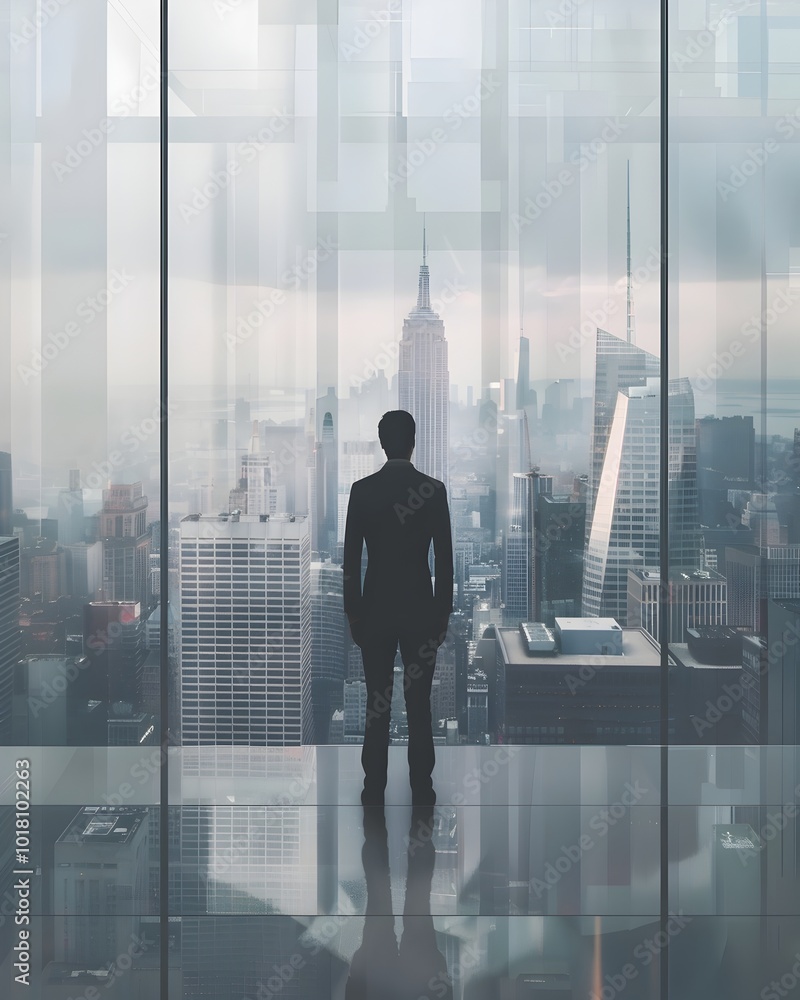 Fototapeta premium Confident Business Leader Overlooking Expansive City Skyline from Glass Office
