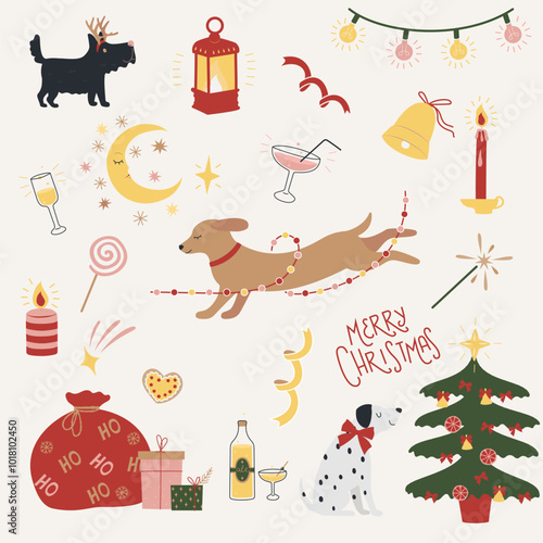 Set of elements with festive dogs for New Year, Christmas and holidays