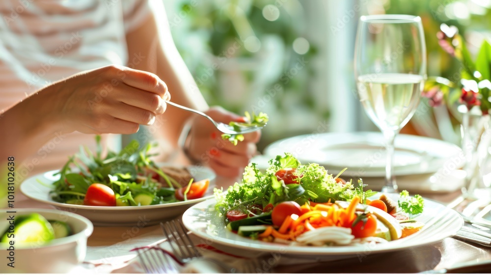 A person enjoying a healthy meal at a dining table with a focus on balanced nutrition , wide background A person enjoying a healthy meal at a dining table with a focus on balanced nutrition , wide background