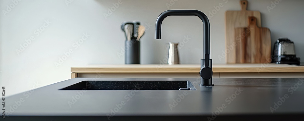 Modern kitchen sink with black faucet, minimalist style, clean design. Modern kitchen sink with black faucet, minimalist style, clean design.