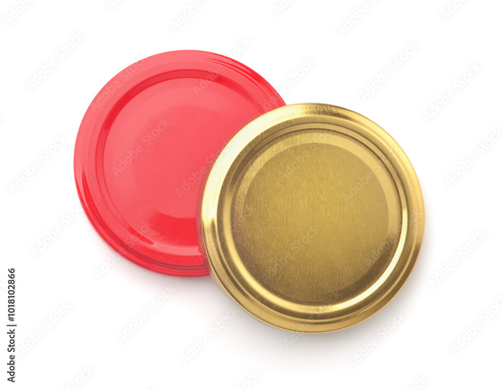 Two gold and red metal jar lids Two gold and red metal jar lids