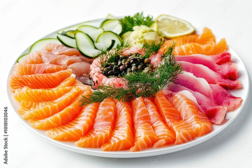Plate with appetizer of fish and seafood. Sliced salted fish fillet. Smoked salmon, tuna, perch. Banquet festive dishes. Gourmet restaurant menu. White background - generative ai Plate with appetizer of fish and seafood. Sliced salted fish fillet. Smoked salmon, tuna, perch. Banquet festive dishes. Gourmet restaurant menu. White background - generative ai