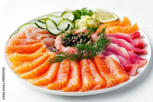 Plate with appetizer of fish and seafood. Sliced salted fish fillet. Smoked salmon, tuna, perch. Banquet festive dishes. Gourmet restaurant menu. White background - generative ai