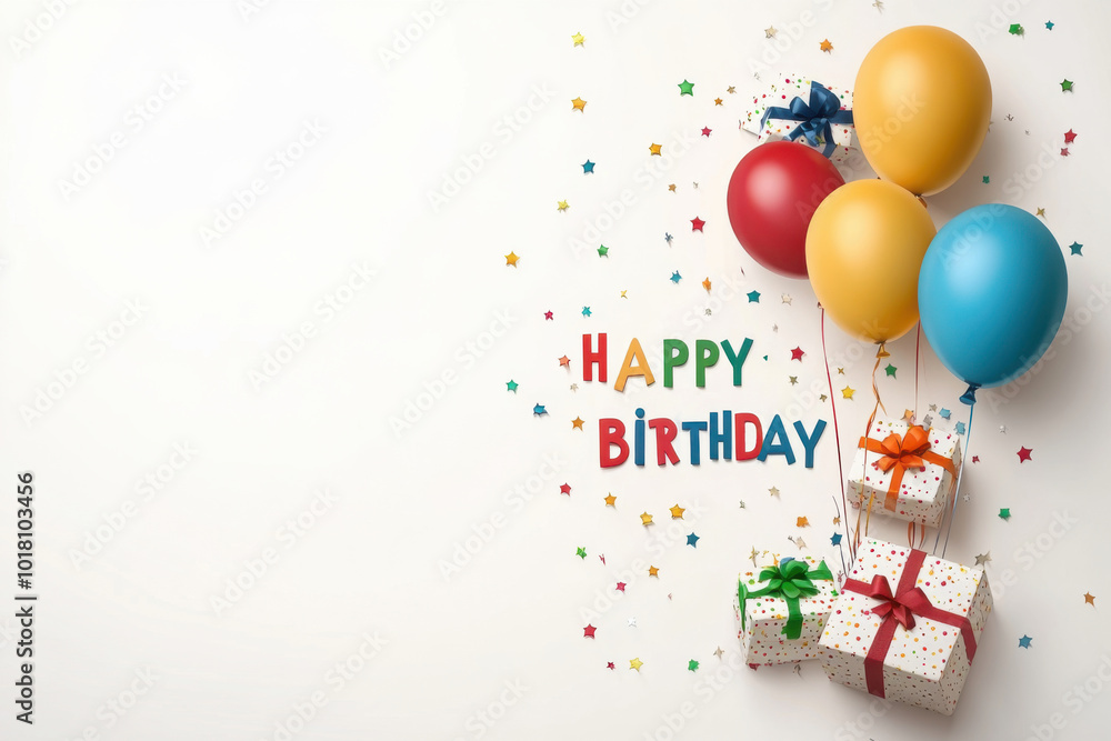 Birthday banner template. Happy birthday to you text in white space background with gifts and balloon decoration element for birth day celebration greeting design Birthday banner template. Happy birthday to you text in white space background with gifts and balloon decoration element for birth day celebration greeting design