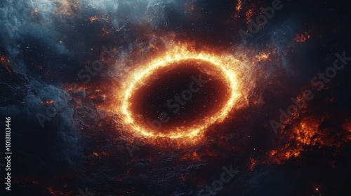 Majestic Cosmic Black Hole Surrounded by Fiery Nebula in Space