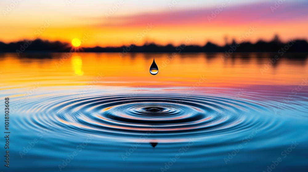 A vast expanse of water containing a solitary droplet surrounded by a stunning sunset A vast expanse of water containing a solitary droplet surrounded by a stunning sunset