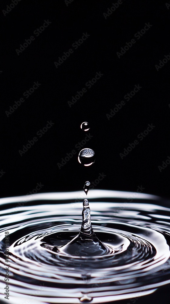 A monochrome image of a water droplet on a dark background with the droplet centered A monochrome image of a water droplet on a dark background with the droplet centered