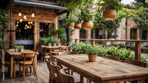  Rustic outdoor dining area with lush greenery and warm lighting