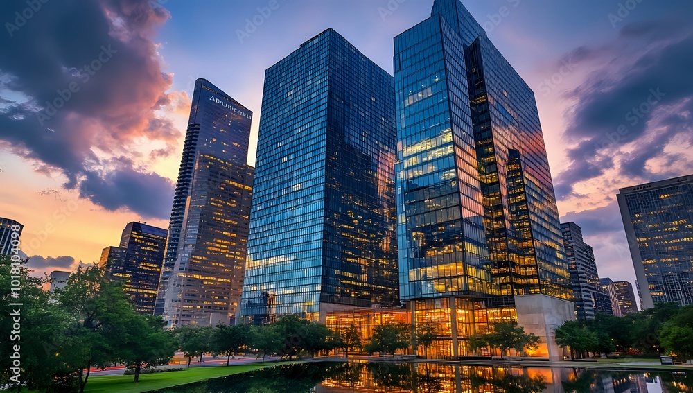 Fototapeta premium Modern skyscrapers reflecting the sunset sky in a city skyline.