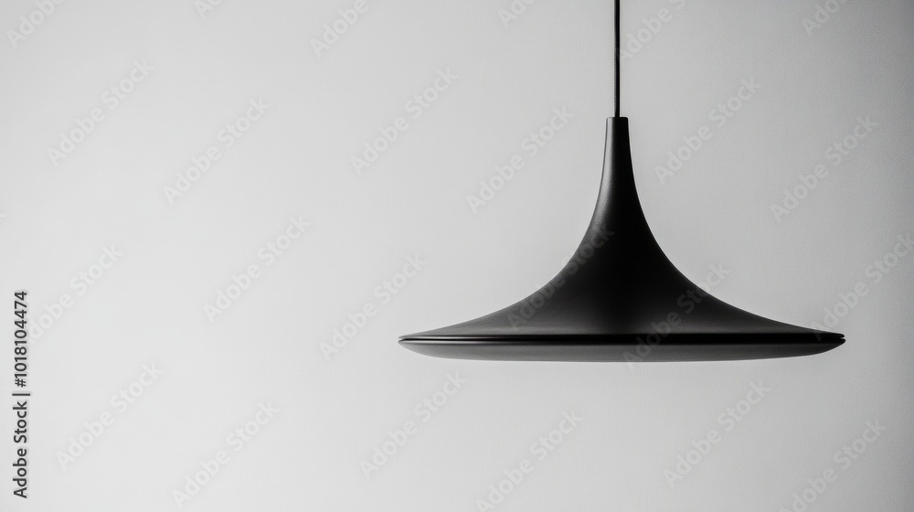 Fototapeta premium A contemporary black pendant lamp captured in isolation against a white backdrop, highlighting its stylish form and minimalist approach to interior lighting.